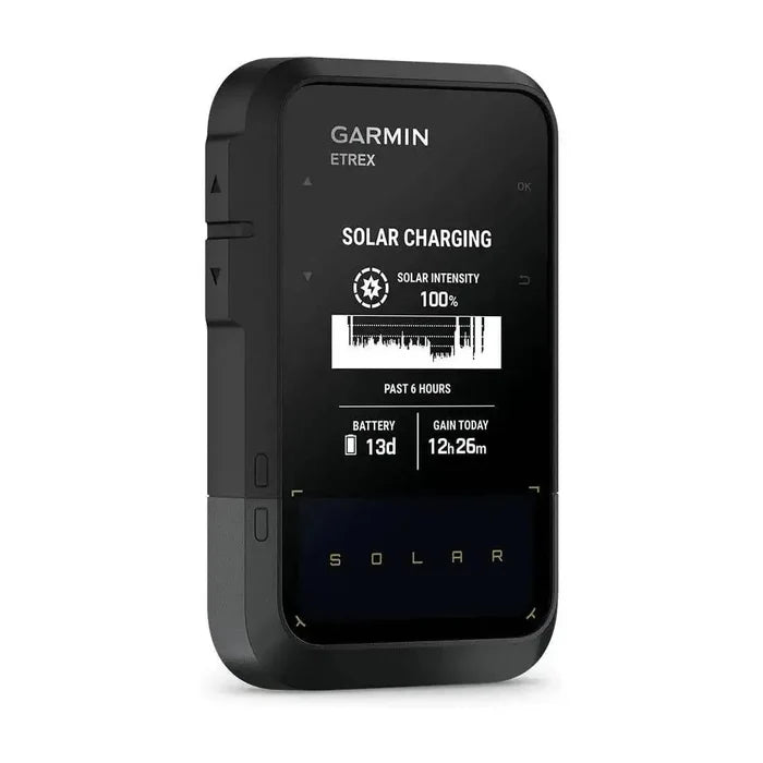 Garmin eTrex Solar Powered Hiking GPS Handheld with solar charging display, ensuring extended battery life for outdoor adventures.  from  John Bull Clothing