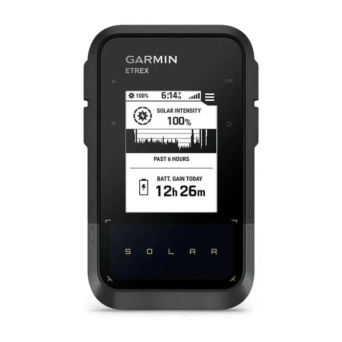 Garmin eTrex Solar Powered Hiking GPS Handheld showcasing solar intensity and battery gain for efficient energy management.  from  John Bull Clothing