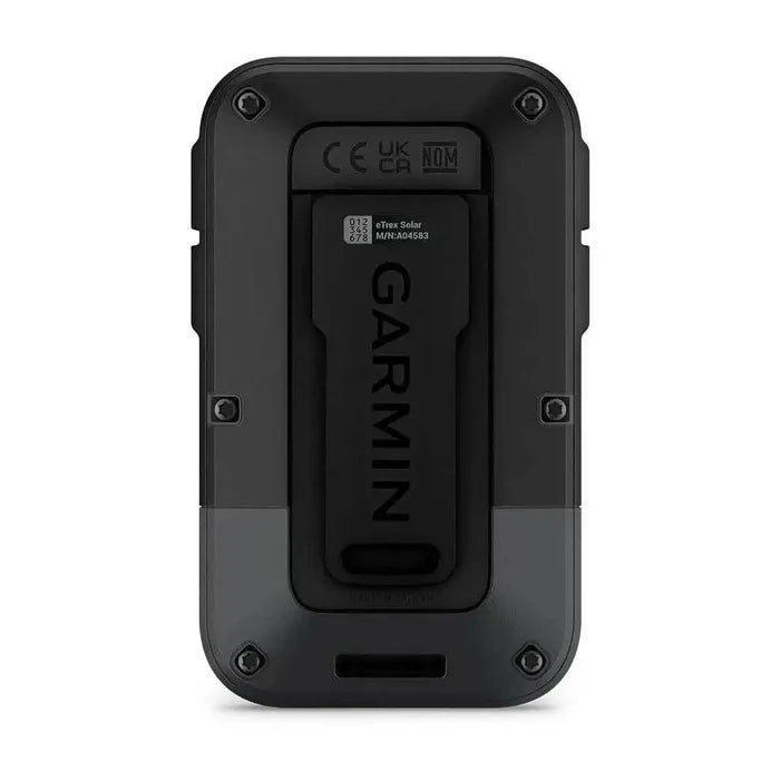 Back view of Garmin eTrex Solar Powered Hiking GPS Handheld, highlighting its rugged design and secure mounting clip.  from  John Bull Clothing