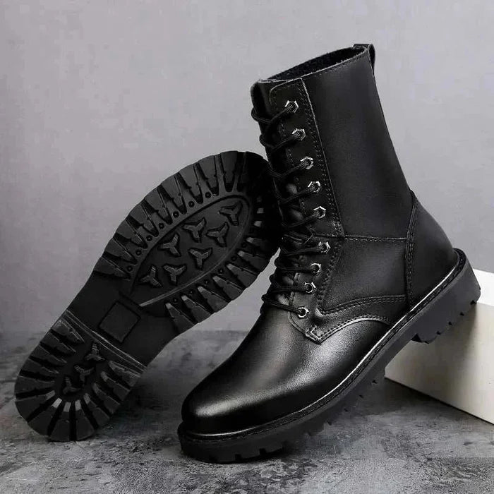Genuine leather motorcycle boots - AntoniosClothing - Black with fur