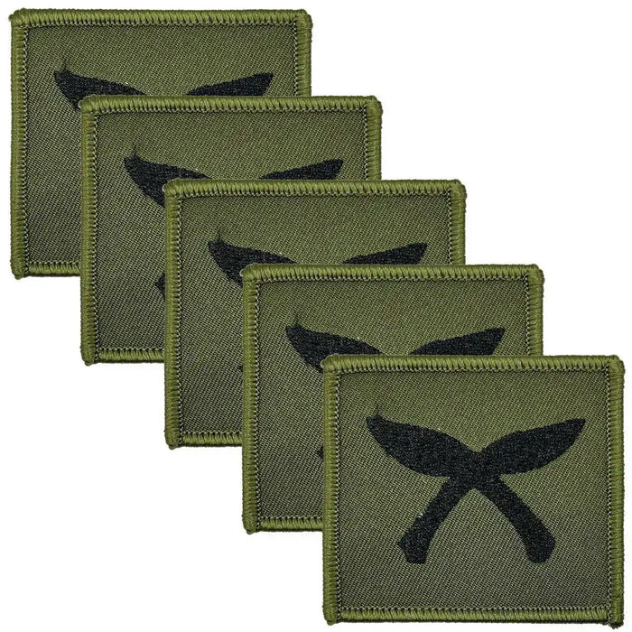 Pack of five Gurkha Cross Khukri TRF iron or sew-on patches with black khukris on green background, ideal for military uniform use. 5 Pack from  John Bull Clothing