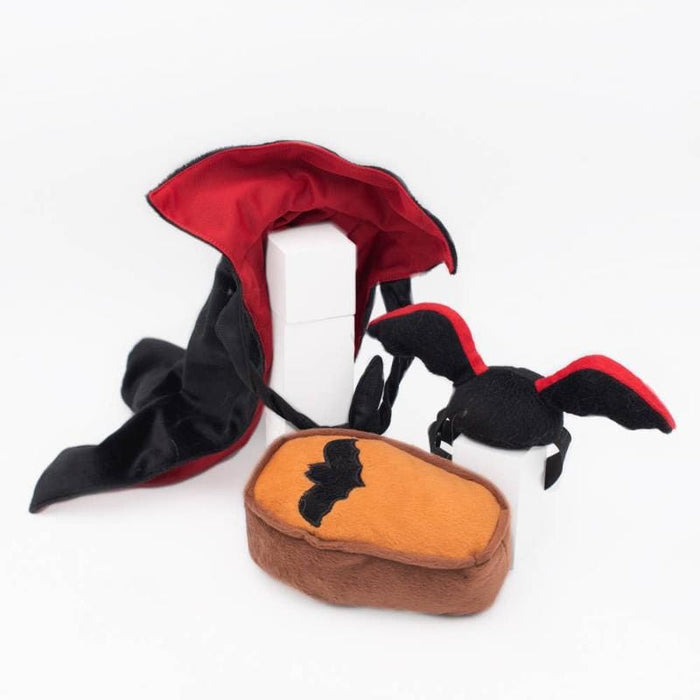 Halloween Pet Costume Kit - Dracula Cape, Bat Ears, & Coffin Plush Dog Toy