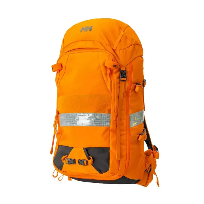 Bright orange Helly Hansen Alpine SAR 45 rescue backpack with reflective strips, multiple compartments, and adjustable straps for outdoor safety  from  John Bull Clothing
