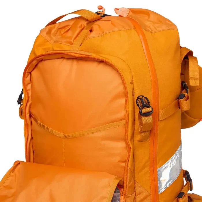 Side view of orange Helly Hansen Alpine SAR 45 rescue backpack with padded shoulder straps, reflective details, and gear loops for hiking  from  John Bull Clothing