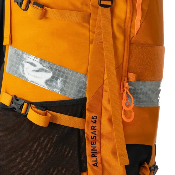 Bright orange Helly Hansen Alpine SAR 45 rescue backpack with reflective strips, adjustable straps, and durable nylon material for outdoor rescue use - SKU: JB1635  from  John Bull Clothing