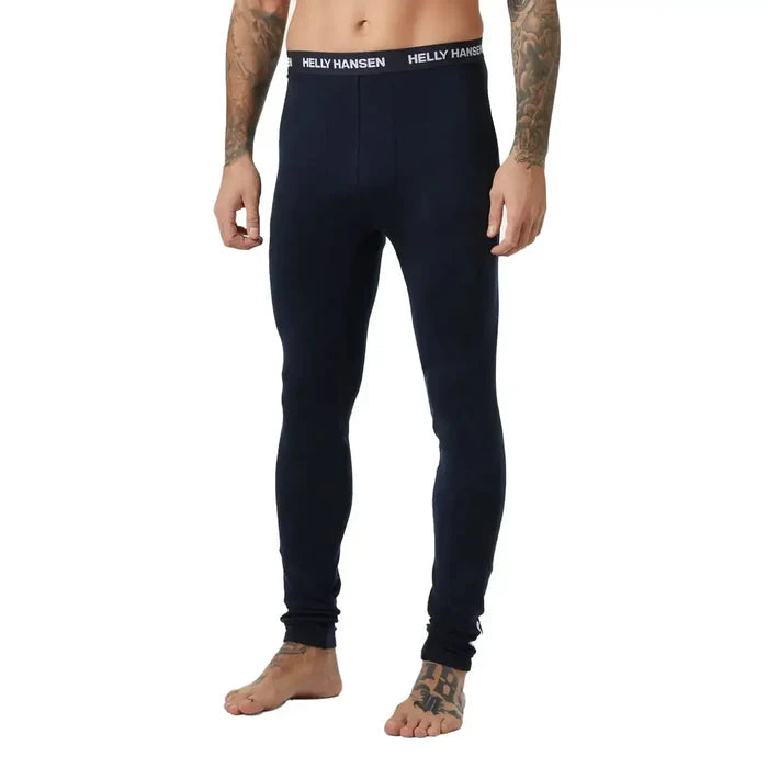 Close-up of men's Helly Hansen long johns in black, showing the snug fit, elastic waistband with Helly Hansen logo, ideal for outdoor warmth - SKU: JB1631-NY-S  from  John Bull Clothing
