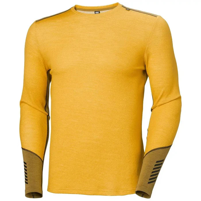 Helly Hansen Lifa Merino Midweight Crew Base Layer in mustard yellow with brown details. A breathable and insulating base layer for outdoor activities. Golden Glow from  John Bull Clothing