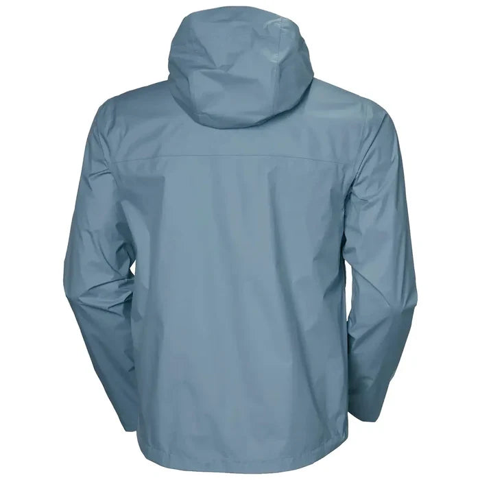 Back view of Helly Hansen Mens Loke 2.0 Waterproof Jacket in light blue, showcasing the hood and streamlined waterproof construction.  from  John Bull Clothing