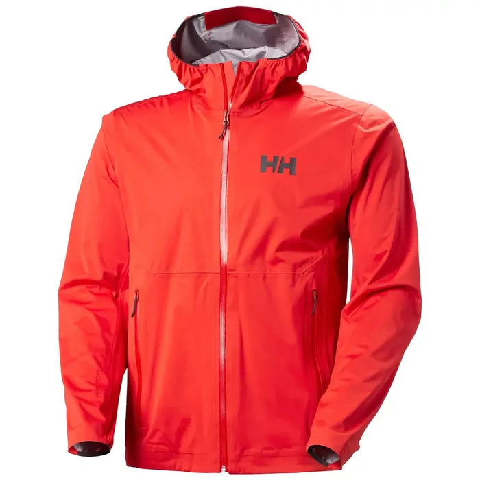 Helly Hansen Mens Momentum 3 Layer Stretch Waterproof Jacket in bright red with full zip and hood, ideal for rain protection and outdoor wear. Alert Red from  John Bull Clothing