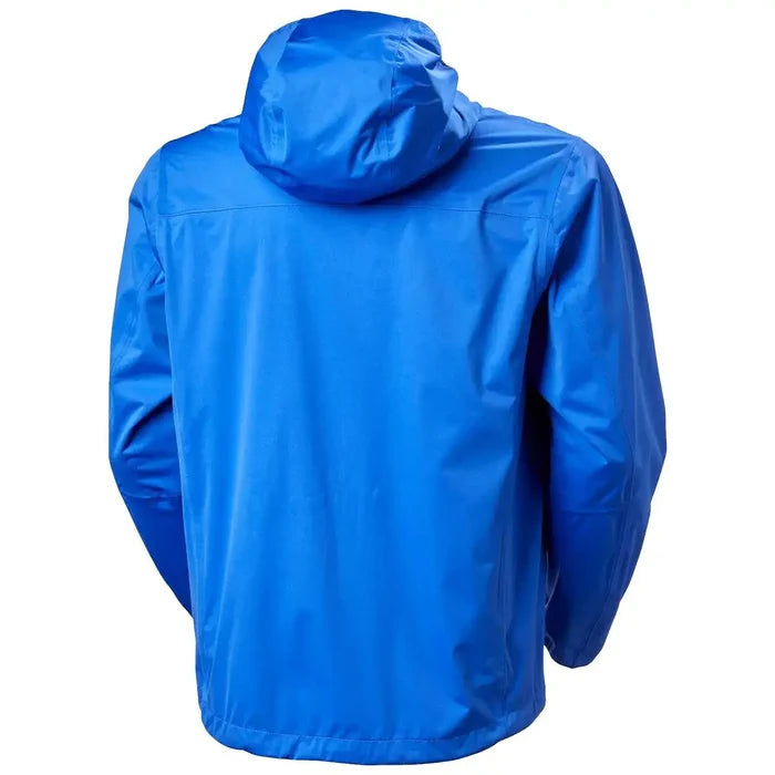 Back view of Helly Hansen Mens Momentum 3 Layer Stretch Waterproof Jacket in blue, highlighting hood and waterproof fabric for rain protection.  from  John Bull Clothing