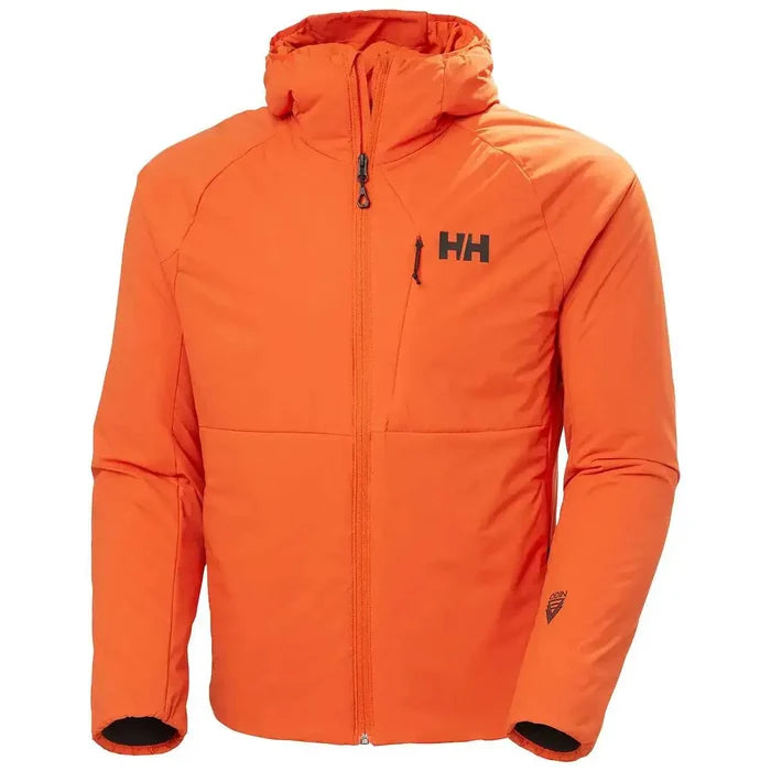 Helly Hansen Odin Stretch Hood Insulator 2.0 Jacket in vibrant orange with a full-zip front, hood, and Primaloft Gold Active+ insulation for warmth. Patrol Orange from  John Bull Clothing