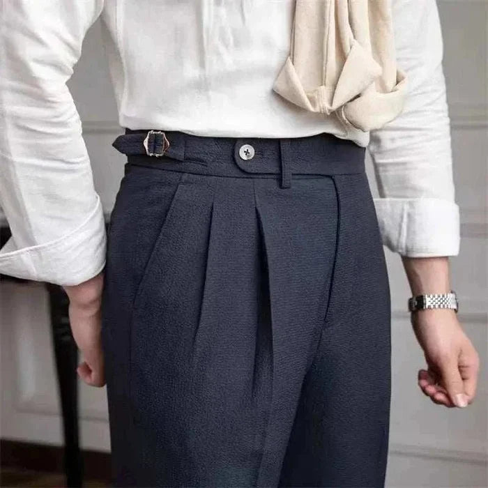 High-waist belt design trousers - AntoniosClothing - Navy blue