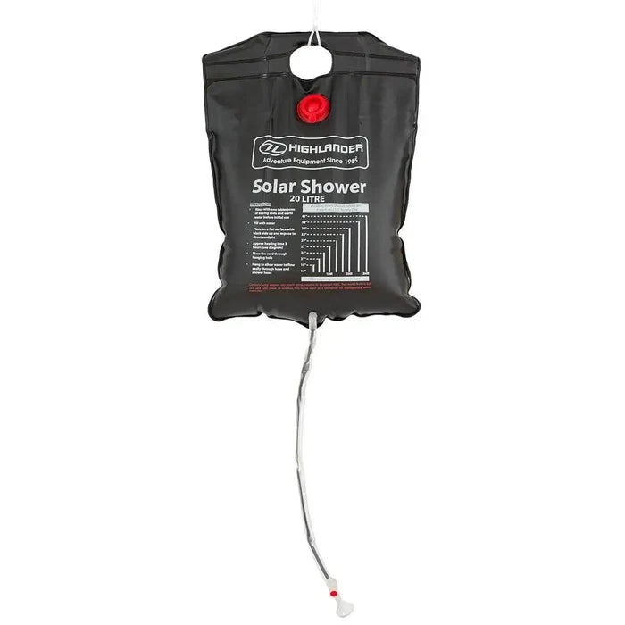 Highlander 20L Camping Solar Shower, a black portable outdoor shower bag with a hose and showerhead, designed for eco-friendly outdoor hygiene using solar energy.  from  John Bull Clothing