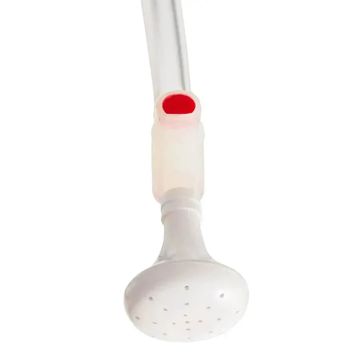 Close-up of the Highlander 20L Camping Solar Shower's white showerhead with a red valve, ensuring controlled water flow for outdoor camping and hiking use.  from  John Bull Clothing
