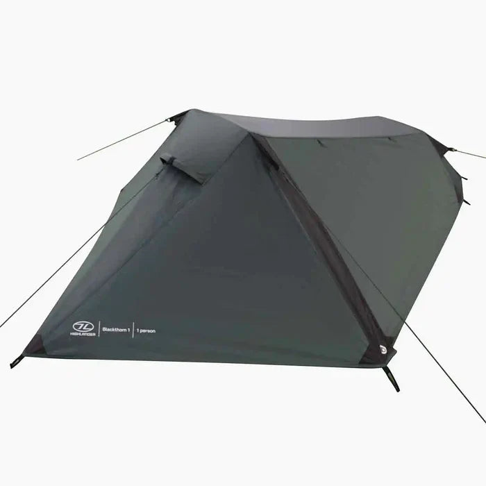 Side view of Highlander Blackthorn 1 Person Tent Gen 2 in green, featuring aerodynamic design for wind resistance and compact camping.  from  John Bull Clothing