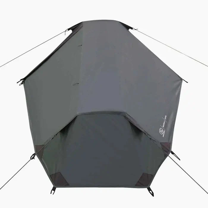 Back view of Highlander Blackthorn 1 Person Tent Gen 2 in green, showing reinforced seams and guy lines for stability in rough weather.  from  John Bull Clothing