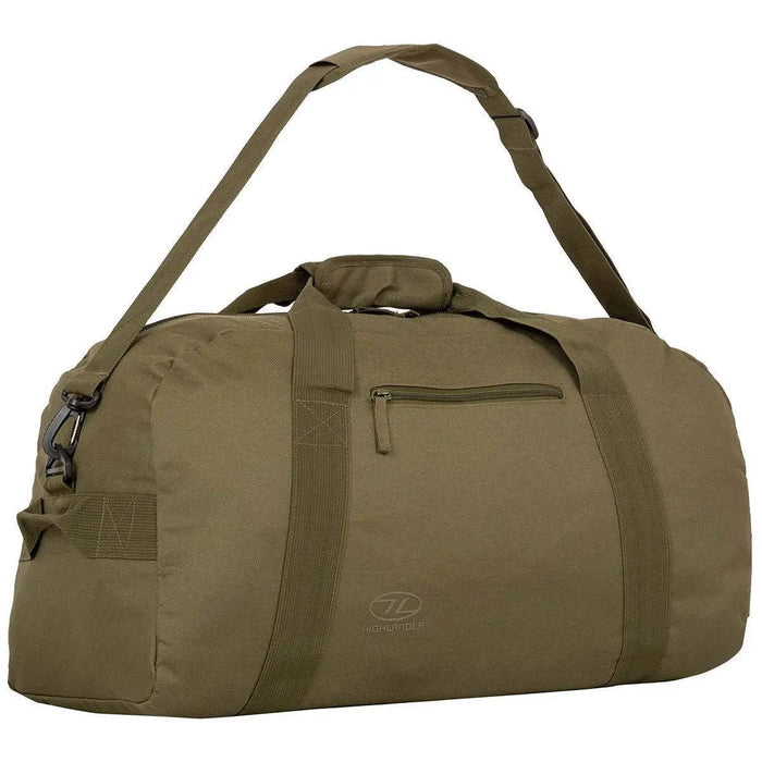 Highlander Cargo 45L Holdall Bag in khaki with an adjustable shoulder strap, making it ideal for travel, gym, or outdoor adventures.  from  John Bull Clothing