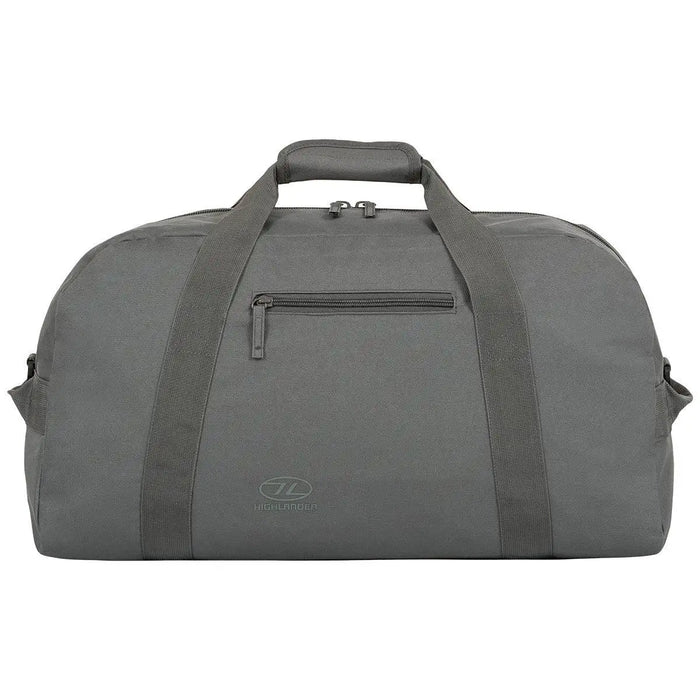 Highlander Cargo 65 Litre Carry Bag in grey with durable polyester fabric, dual handles, and a front zip pocket for secure storage. Ideal for travel and outdoor adventures. Grey from  John Bull Clothing