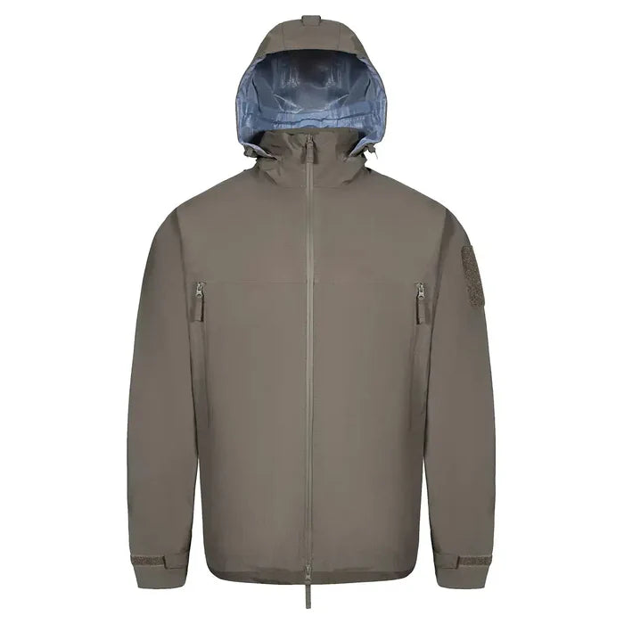 Highlander Cyclone Pro Waterproof Jacket in khaki with hood and front zip, ideal for outdoor protection and wind resistance. Ranger Green from  John Bull Clothing