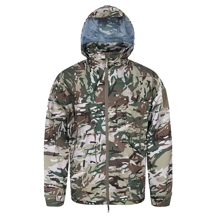 Highlander Cyclone Pro Waterproof Jacket in camouflage pattern, designed for tactical use and all-weather outdoor wear. HMTC from  John Bull Clothing