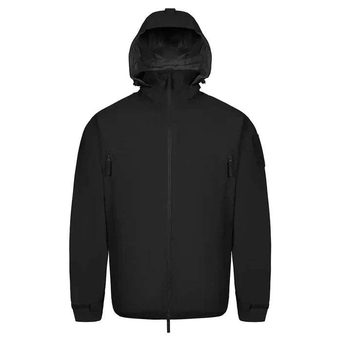 Highlander Cyclone Pro Waterproof Jacket in black, featuring a minimalist design with chest zips and adjustable hood. Black from  John Bull Clothing