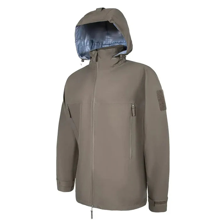 Side view of Highlander Cyclone Pro Waterproof Jacket in khaki, showing zippered pockets and reinforced seams for durability.  from  John Bull Clothing
