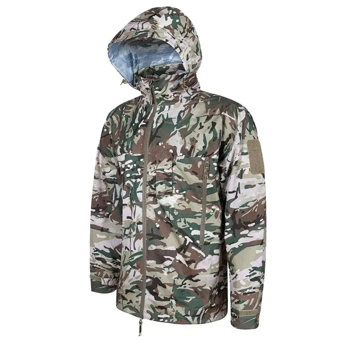 Angled view of Highlander Cyclone Pro Waterproof Jacket in camo, highlighting its tactical design and breathable ripstop fabric.  from  John Bull Clothing