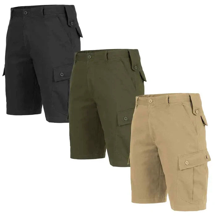 Highlander Elite Combat Shorts in black, olive green, and khaki colors, designed for durability with cargo pockets and reinforced fabric.  from  John Bull Clothing