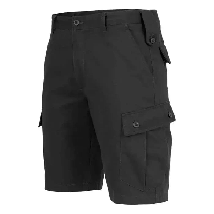 Black Highlander Elite Combat Shorts with side cargo pockets and reinforced stitching, ideal for tactical and outdoor wear. Black from  John Bull Clothing