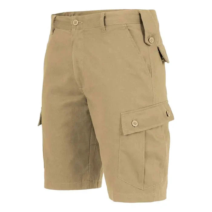 Khaki Highlander Elite Combat Shorts featuring durable polyester fabric and multiple utility pockets for rugged use. Khaki from  John Bull Clothing