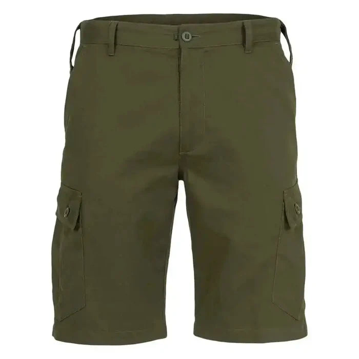 Front view of olive green Highlander Elite Combat Shorts with belt loops and dual cargo pockets for functional outdoor performance.  from  John Bull Clothing
