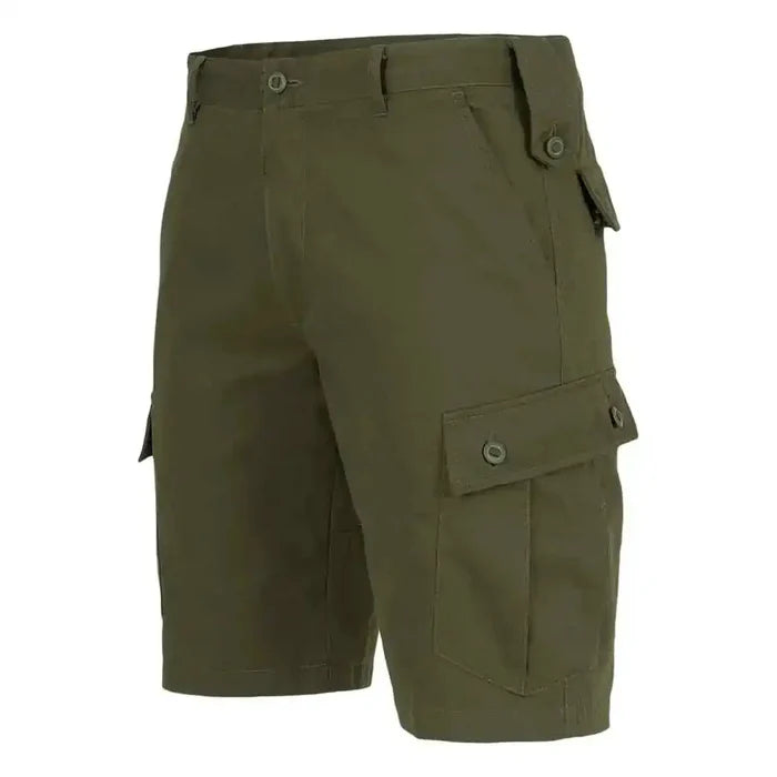 Side angle of olive green Highlander Elite Combat Shorts highlighting buttoned cargo pockets and tactical design. Green from  John Bull Clothing