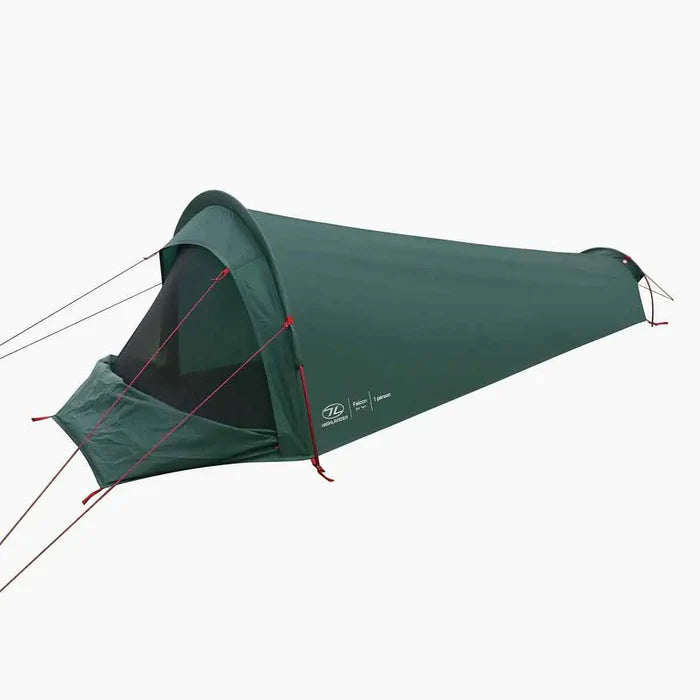 Highlander Falcon Bivvy Tent Pine Green with mesh entry and red guy lines, ideal for solo camping and hiking adventures.  from  John Bull Clothing