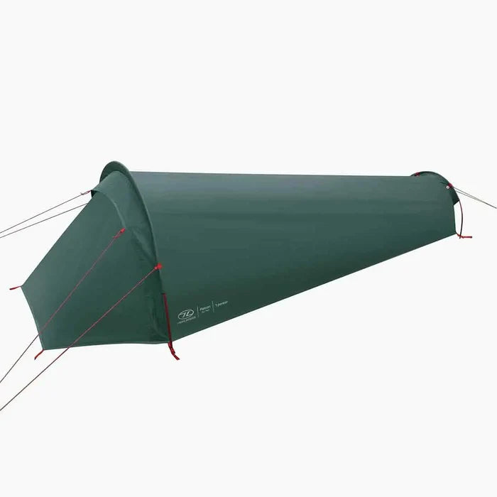 Side view of Highlander Falcon Bivvy Tent Pine Green showing aerodynamic tunnel design for compact outdoor shelter.  from  John Bull Clothing