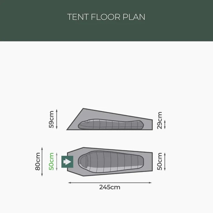 Tent floor plan of Highlander Falcon Bivvy Tent Pine Green with dimensions for 1-person layout and gear space.  from  John Bull Clothing