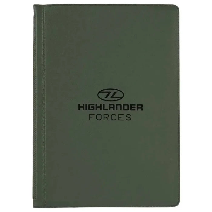 Highlander Forces A6 Documents Folder in green with a durable polyester cover and black logo. Ideal for organizing and protecting important papers.  from  John Bull Clothing