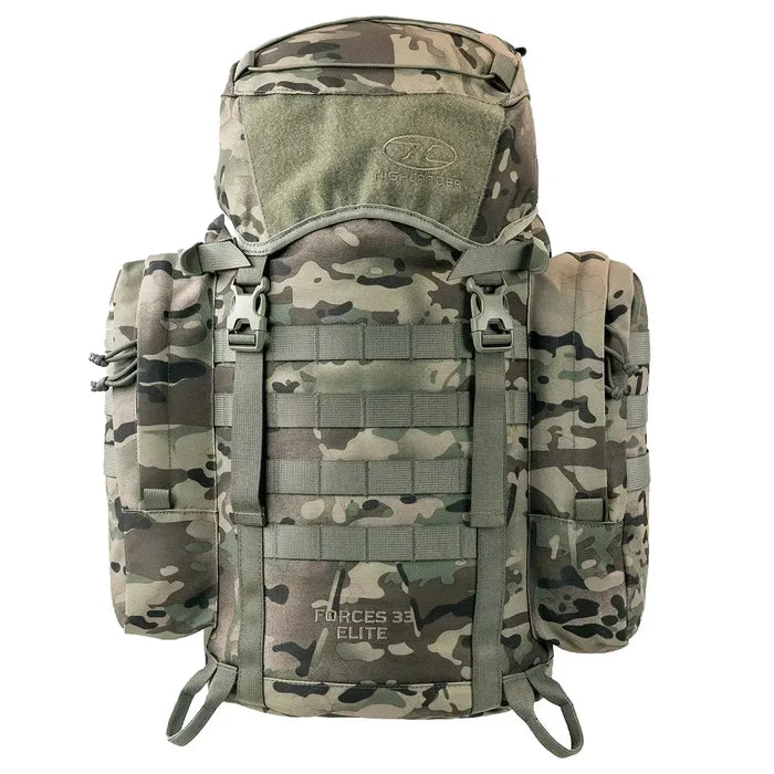 Highlander Forces Elite 33 Litre Rucksack in multicam camo with MOLLE webbing and dual side pockets, ideal for tactical and outdoor use HMTC from  John Bull Clothing