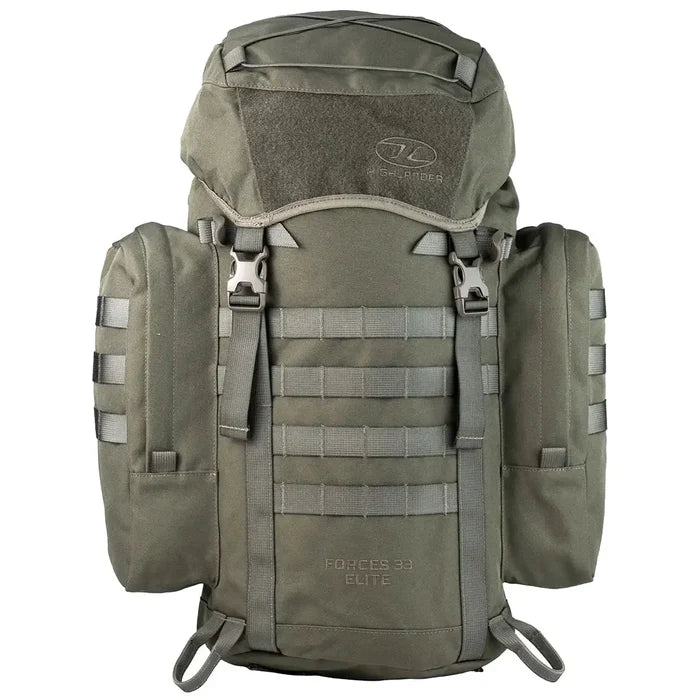 Olive green Highlander Forces Elite 33 Litre Rucksack with rugged design and 900D XTP fabric, perfect for military and survival gear storage. Ranger Green from  John Bull Clothing