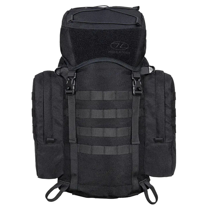Black Highlander Forces Elite 33 Litre Rucksack featuring durable construction and MOLLE compatibility for versatile tactical organization. Black from  John Bull Clothing