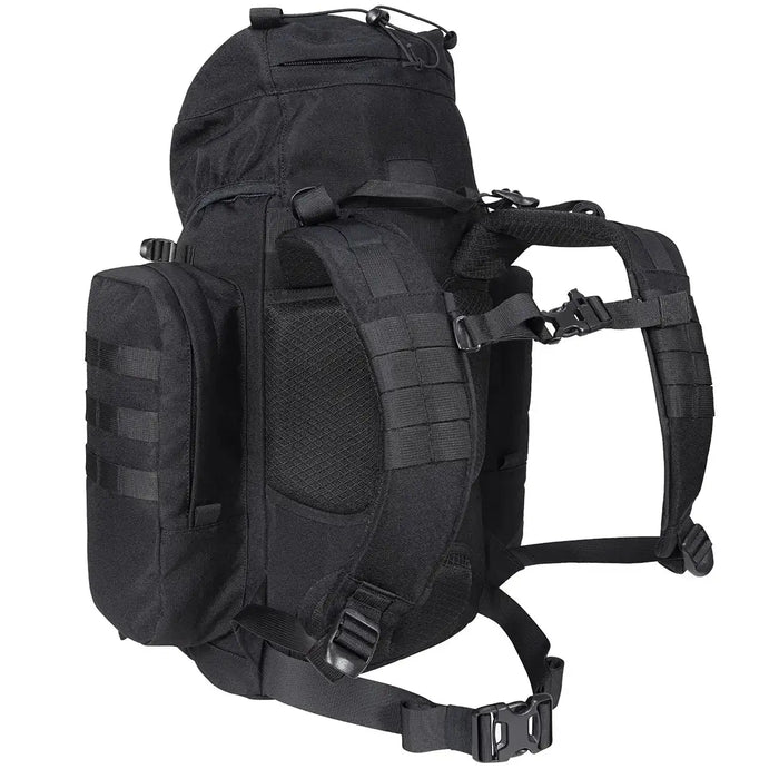Side view of black Highlander Forces Elite 33 Litre Rucksack showing padded straps and MOLLE loops, built for comfort and heavy-duty use.  from  John Bull Clothing