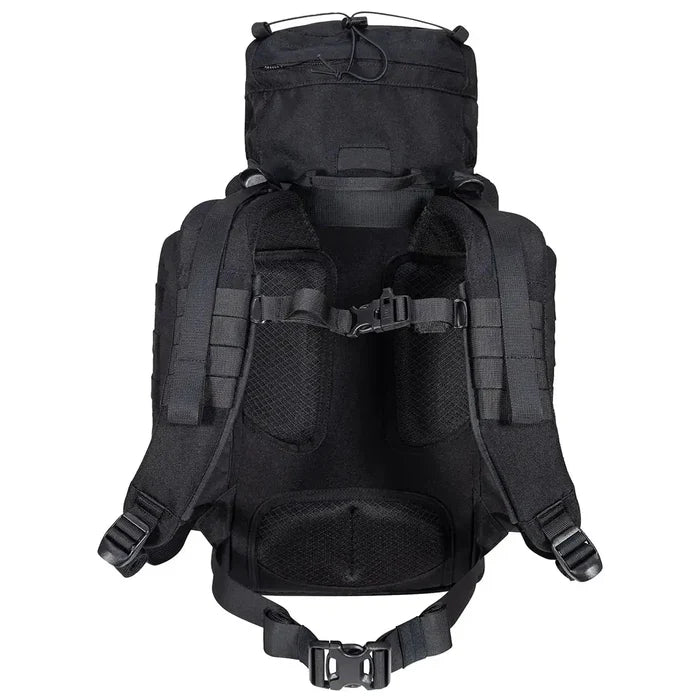 Rear view of Highlander Forces Elite 33 Litre Rucksack in black with ergonomic padded back panel and adjustable chest and waist straps.  from  John Bull Clothing