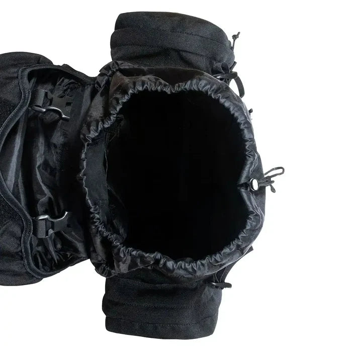 Top-down view of open Highlander Forces Elite 33 Litre Rucksack in black showing spacious main compartment with drawstring closure.  from  John Bull Clothing