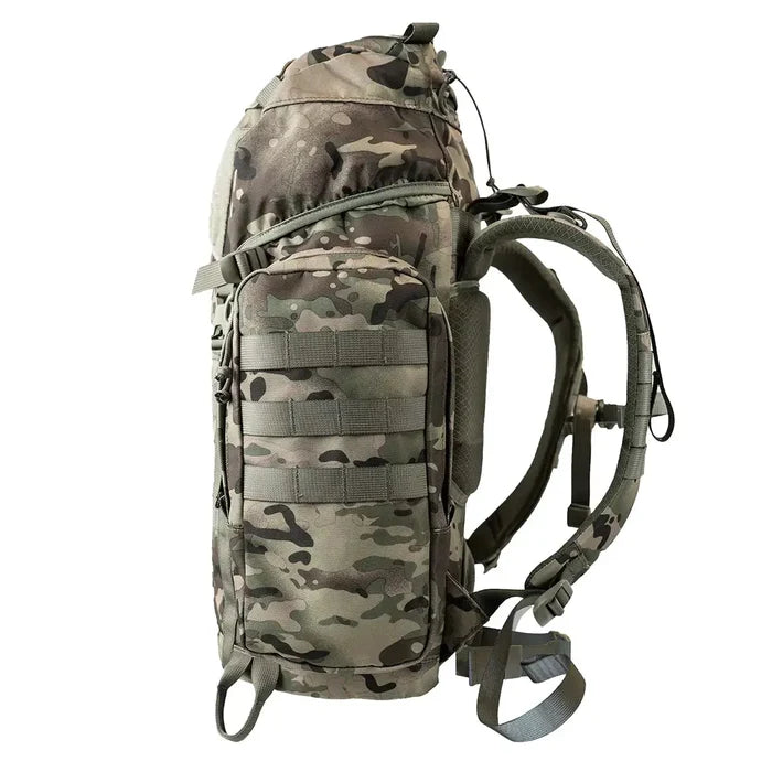 Side profile of Highlander Forces Elite 33 Litre Rucksack in multicam pattern with MOLLE webbing and padded shoulder straps for load support.  from  John Bull Clothing