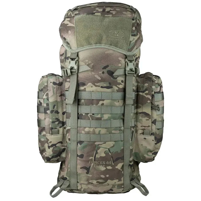 Highlander Forces Elite 44 Litre Backpack in camo with MOLLE webbing, ideal for tactical and outdoor use. Available at John Bulls. HMTC from  John Bull Clothing
