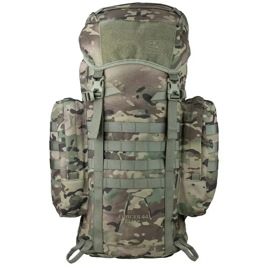 Highlander Forces Elite 44 Litre Backpack in camo with MOLLE webbing, ideal for tactical and outdoor use. Available at John Bulls. HMTC from  John Bull Clothing