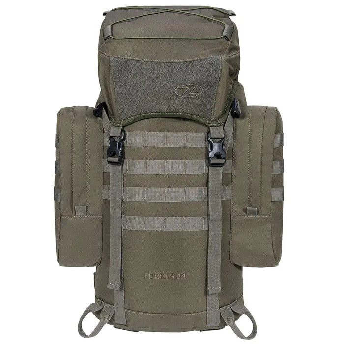 Olive green Highlander Forces Elite 44 Litre Backpack with dual side pouches and rugged buckles, perfect for military and hiking gear. Ranger Green from  John Bull Clothing