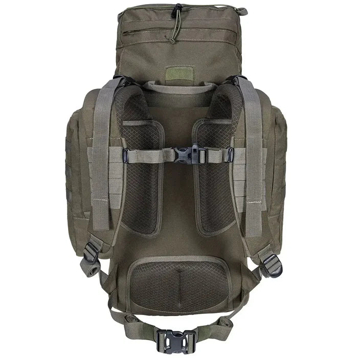 Back view of Highlander Forces Elite 44 Litre Backpack in olive green with padded support system and adjustable waist belt for heavy loads.  from  John Bull Clothing