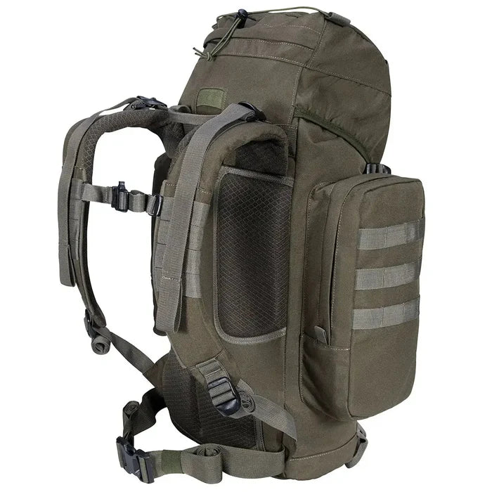 Side angle of Highlander Forces Elite 44 Litre Backpack showing ergonomic back padding and MOLLE-compatible side pouch in olive green.  from  John Bull Clothing