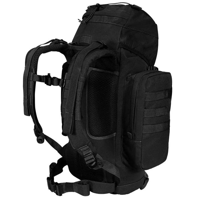 Black Highlander Forces Elite 44 Litre Backpack with tactical side pouches and padded straps, built for durability and stealth operations.  from  John Bull Clothing