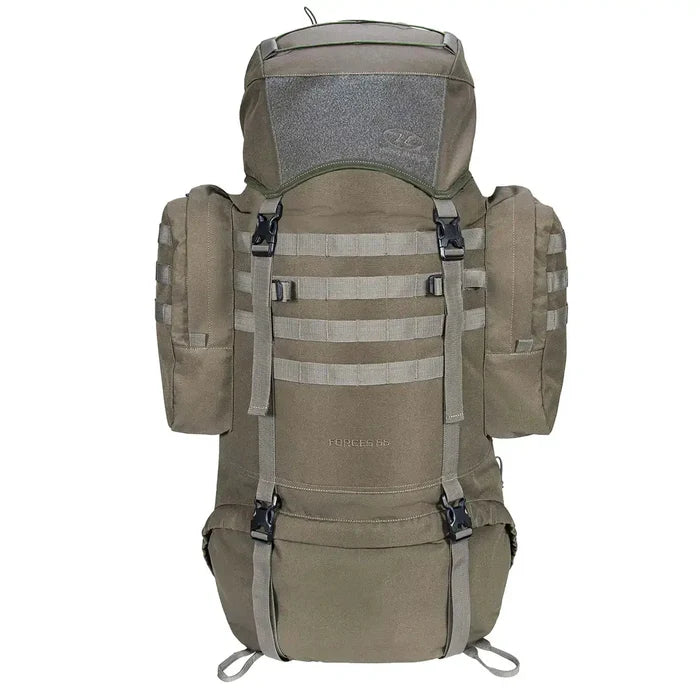 Highlander Forces Elite 66 Litre Rucksack in olive green with MOLLE webbing and dual side pouches, ideal for tactical and outdoor use. Ranger Green from  John Bull Clothing